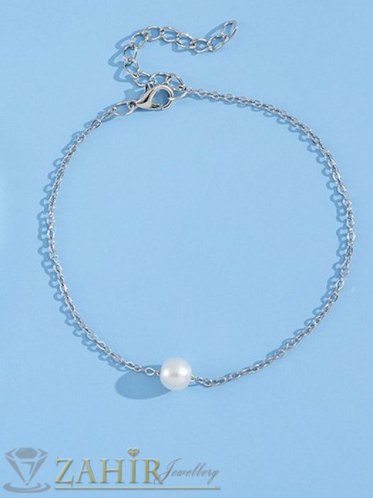 Дамски бижута - Бяла перла 1 см на много нежна стоманена гривна за крак и ръка дълга 18 см с удължител 9 см , не си сменя цвета - GK1379